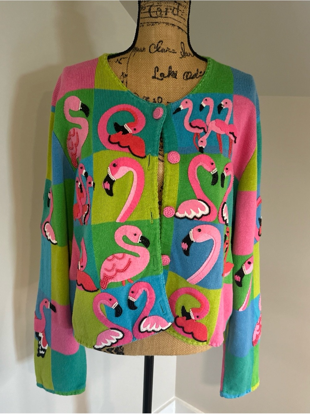 VTG Michael Simon Size XL Pink Flamingo 3D Beaded Embroidered Cardigan Sweater